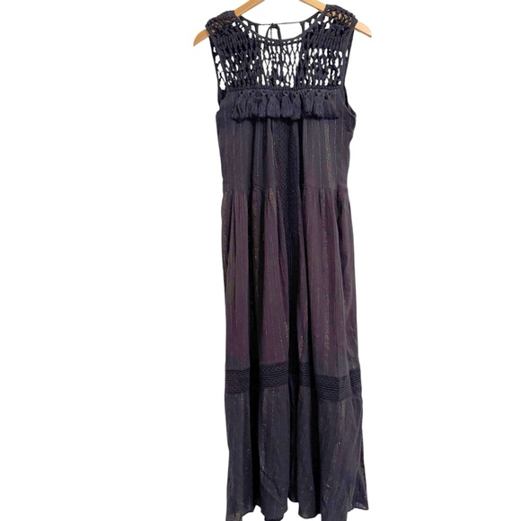 Anthropologie Abilene Maxi Crochet Fringe Tassel Black Dress Small - Picture 6 of 16